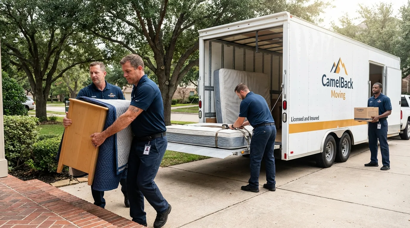 Crew loading residential truck for cross-state move from Hanford, CA