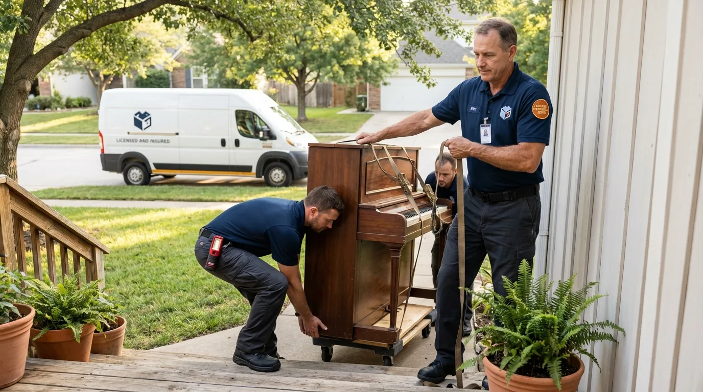 Licensed piano movers securing grand piano in Hanford, CA