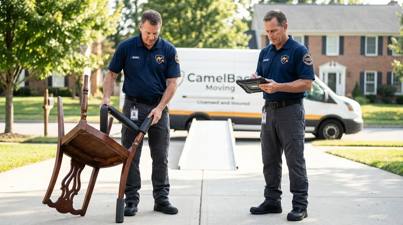 Movers inspecting furniture for damage prevention before loading in Hanford, CA