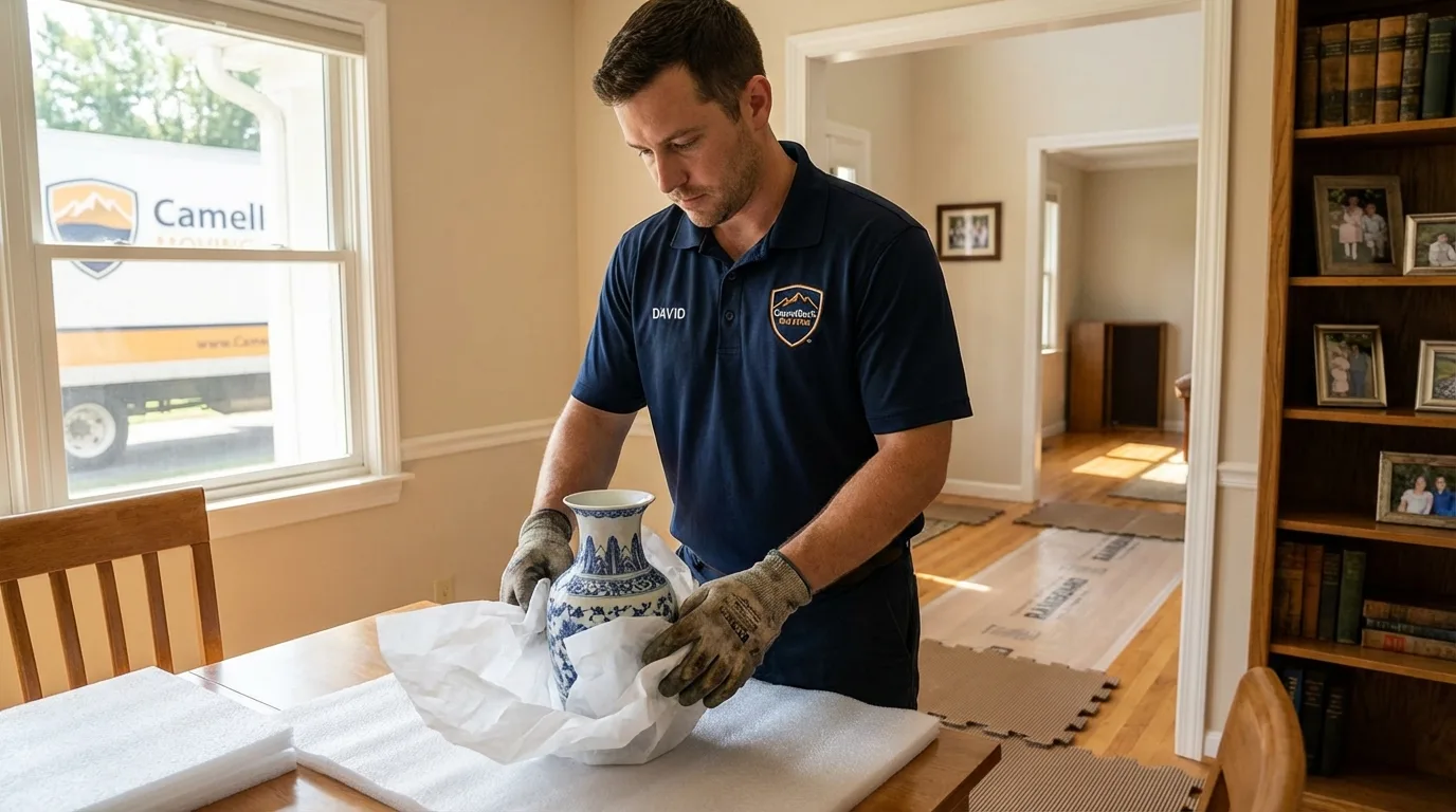 Professional crew carefully wrapping antique vase for senior downsizing move in Hanford, CA